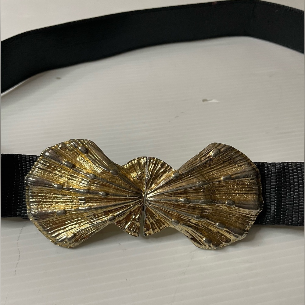 Gay Boyer VTG Belt Seashell Buckle Black Faux Leather 36”